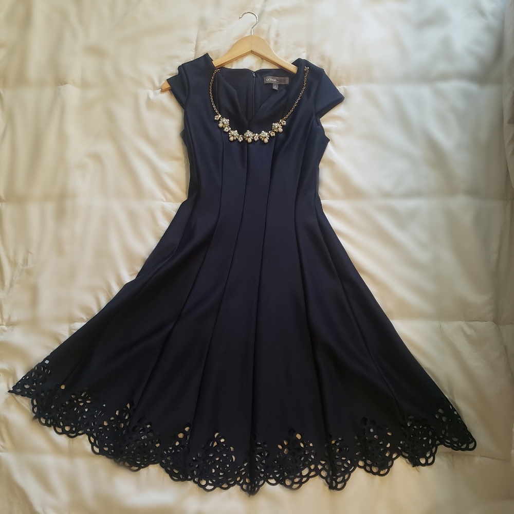 Navy Fit and Flare Laser Cut Dress
